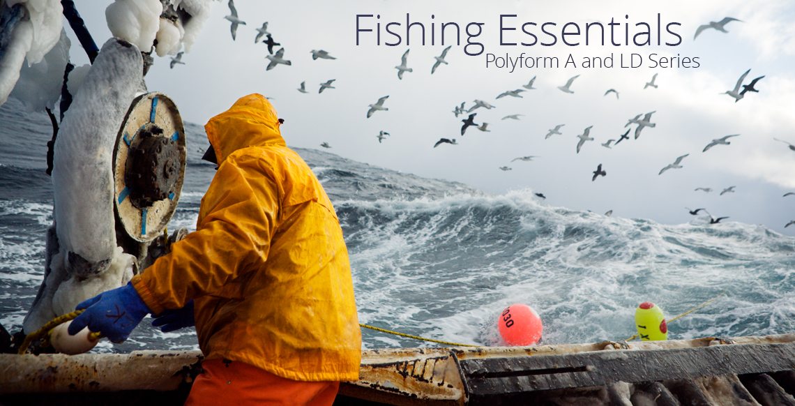 Commercial crab pot buoys being picked up at sea, Polyform A Series, and LD Series