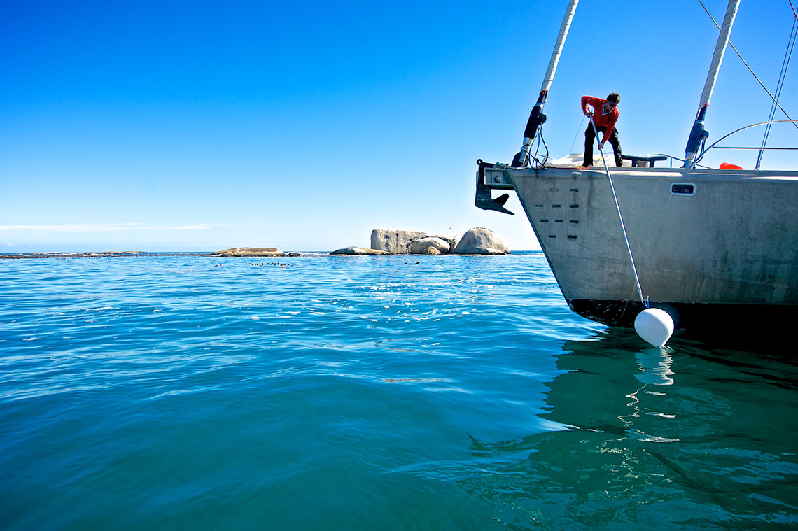 Picking up a mooring buoy with a mooring hook, Polyform CM-2 White Mooring Buoy