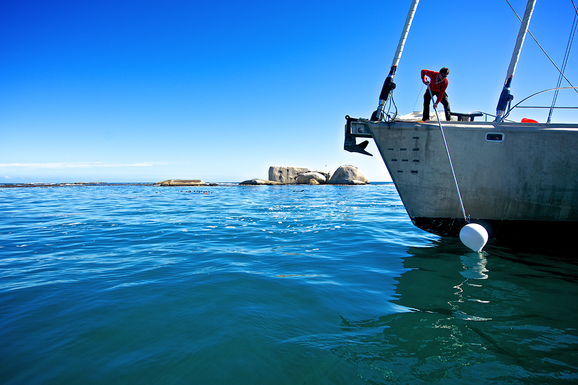 Picking up a mooring buoy with a mooring hook, Polyform CM-2 White Mooring Buoy