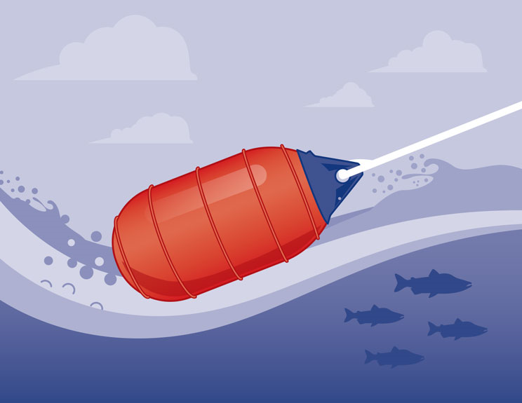 Low drag commercial fishing buoys, retrieval illustration